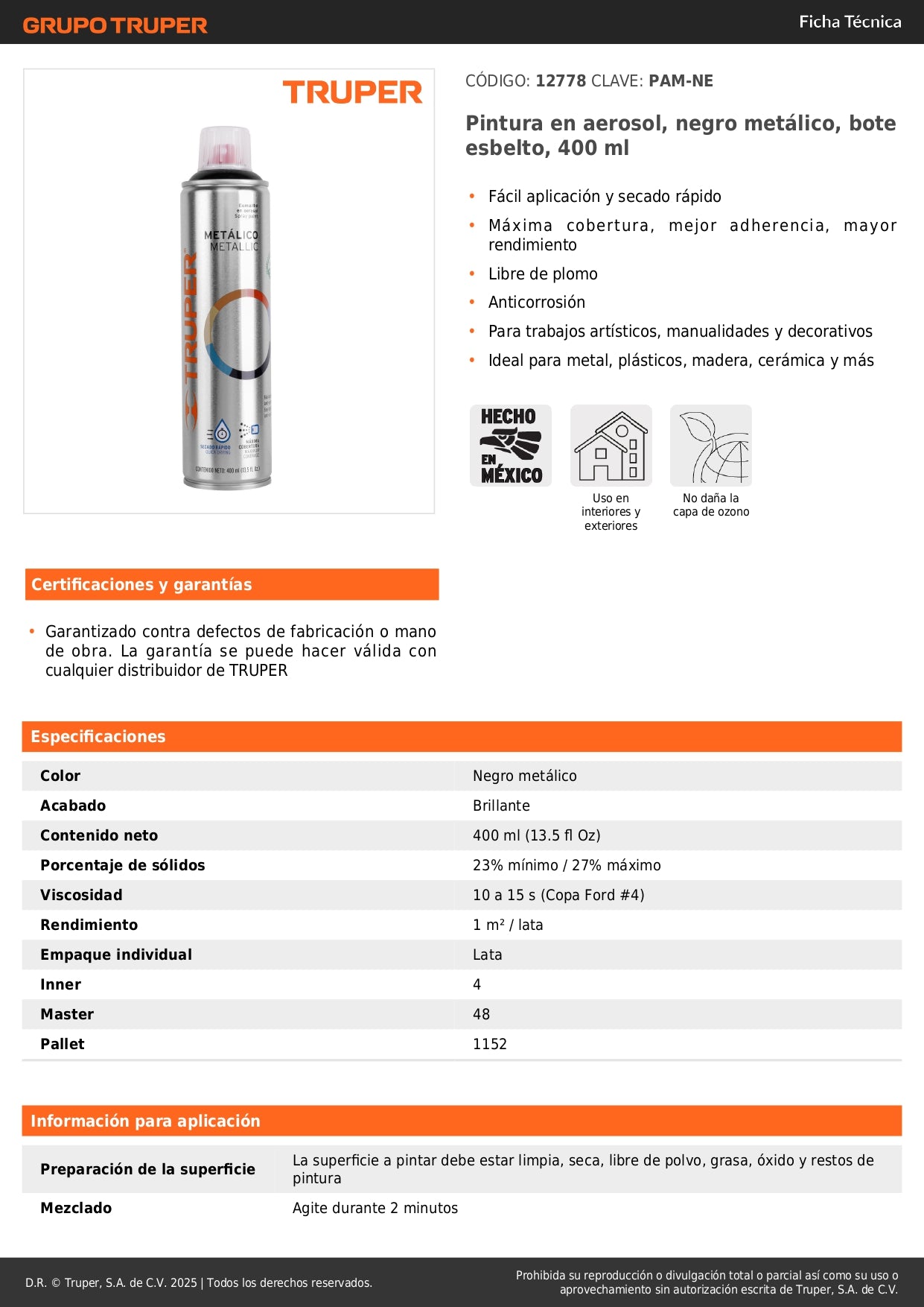 Pintura Aerosol Negro Metálico PAM-NE 400ml - Anticorrosión Secado Rápido para Metal Plástico Madera