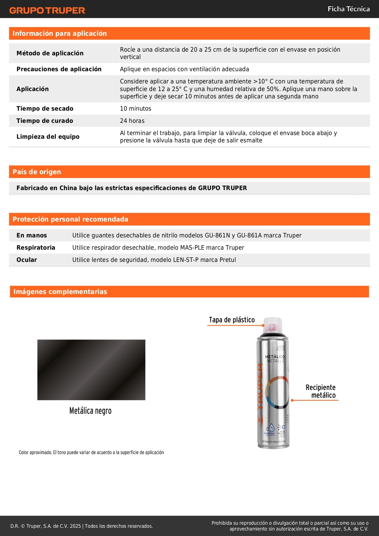 Pintura Aerosol Negro Metálico PAM-NE 400ml - Anticorrosión Secado Rápido para Metal Plástico Madera