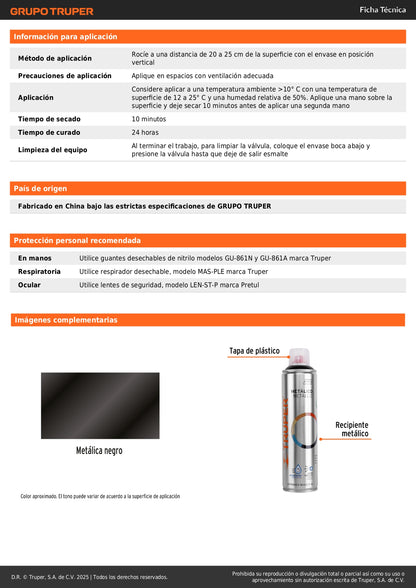 Pintura Aerosol Negro Metálico PAM-NE 400ml - Anticorrosión Secado Rápido para Metal Plástico Madera