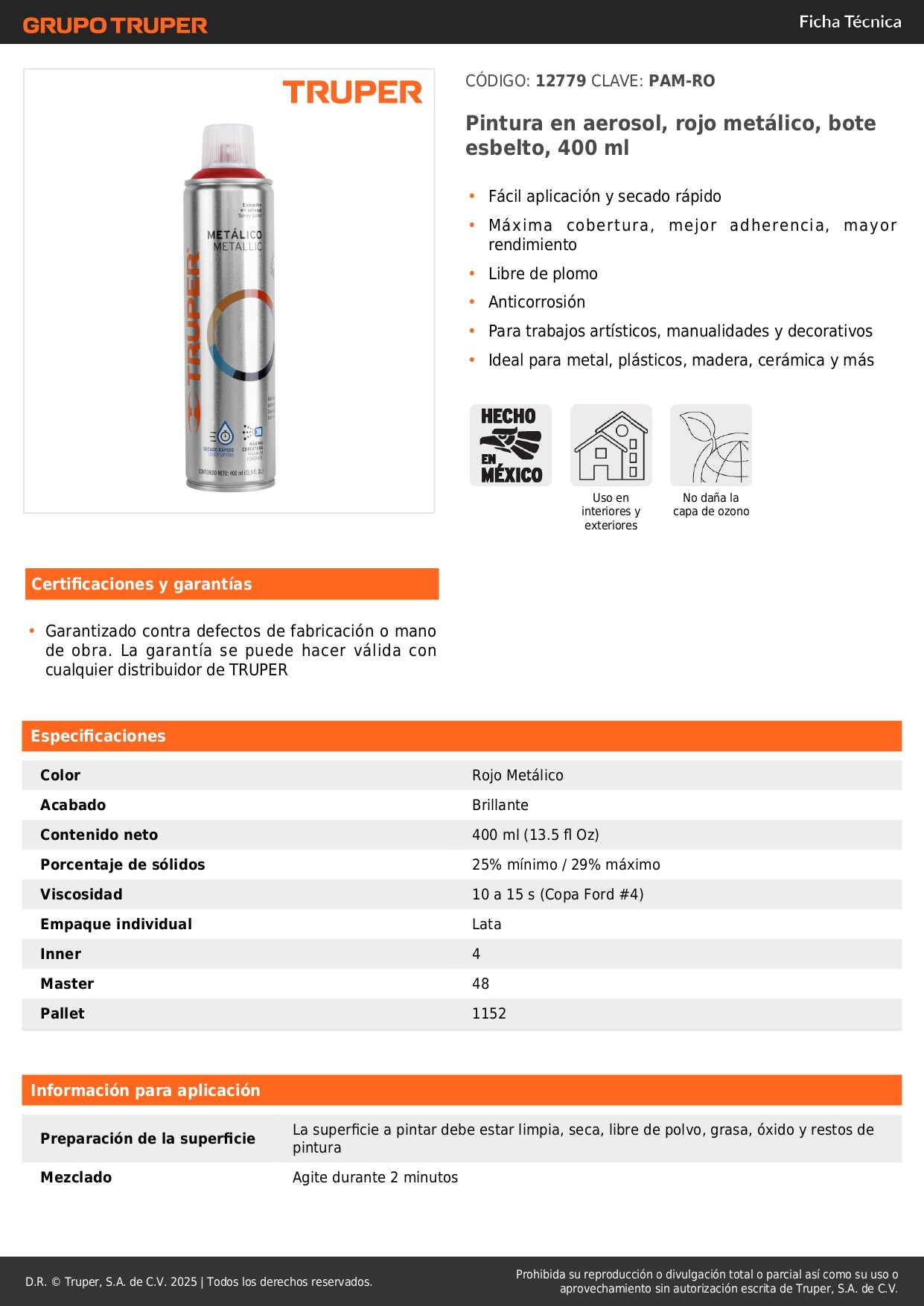 Pintura Aerosol Rojo Metálico PAM-RO 400ml - Anticorrosión Secado Rápido para Metal Madera Plástico