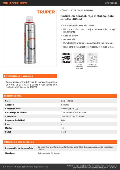 Pintura Aerosol Rojo Metálico PAM-RO 400ml - Anticorrosión Secado Rápido para Metal Madera Plástico