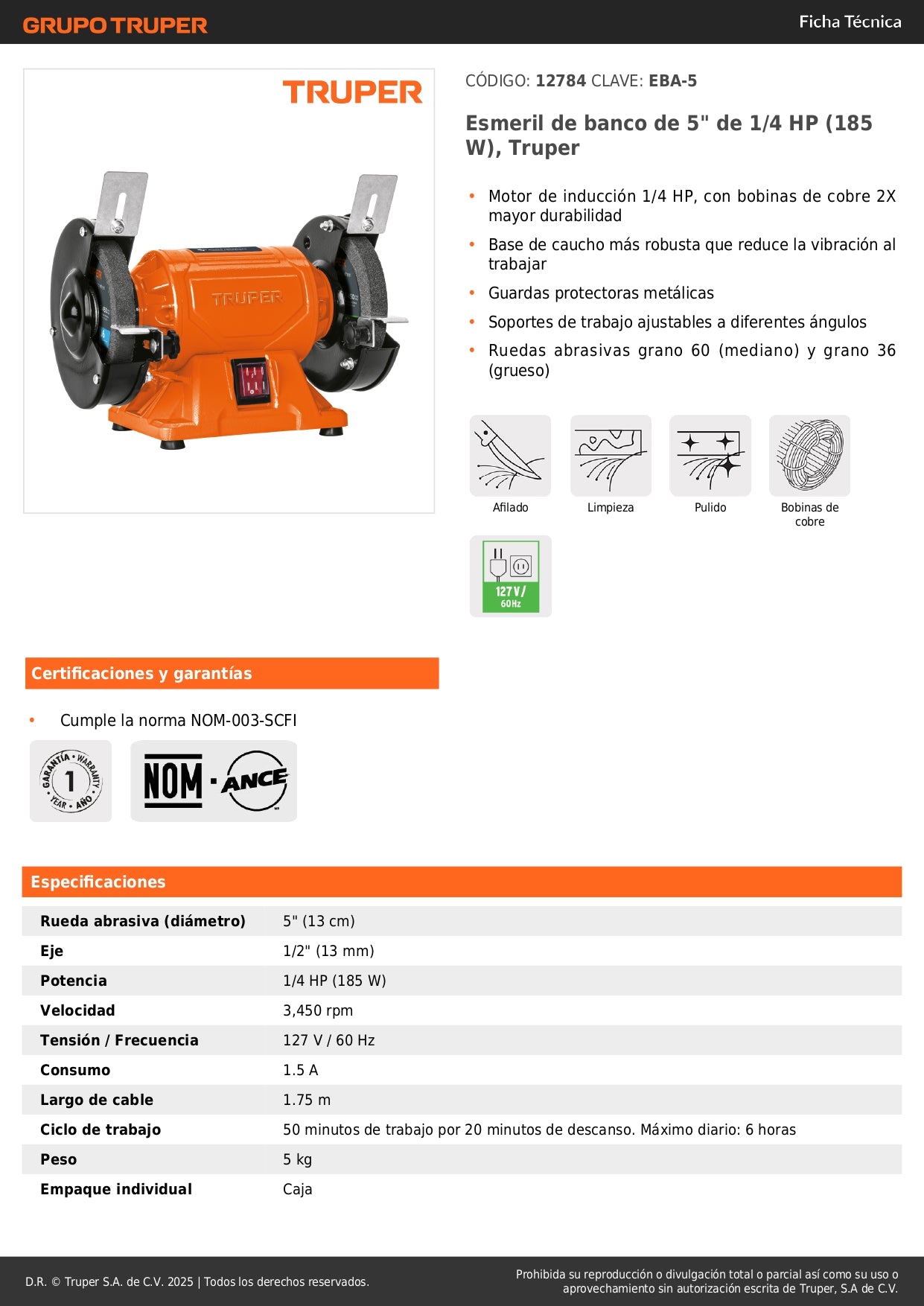 Esmeril de Banco 5 Pulgadas 1/4 HP Truper EBA-5 - Motor Inducción Cobre - Solución Profesional para Afilado y Desbaste de Herramientas