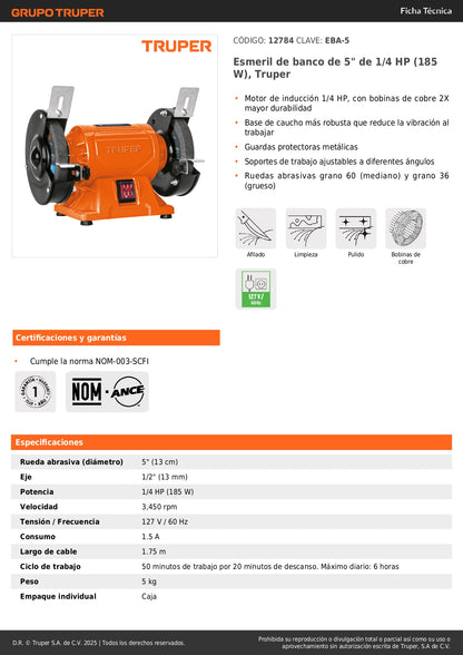 Esmeril de Banco 5 Pulgadas 1/4 HP Truper EBA-5 - Motor Inducción Cobre - Solución Profesional para Afilado y Desbaste de Herramientas