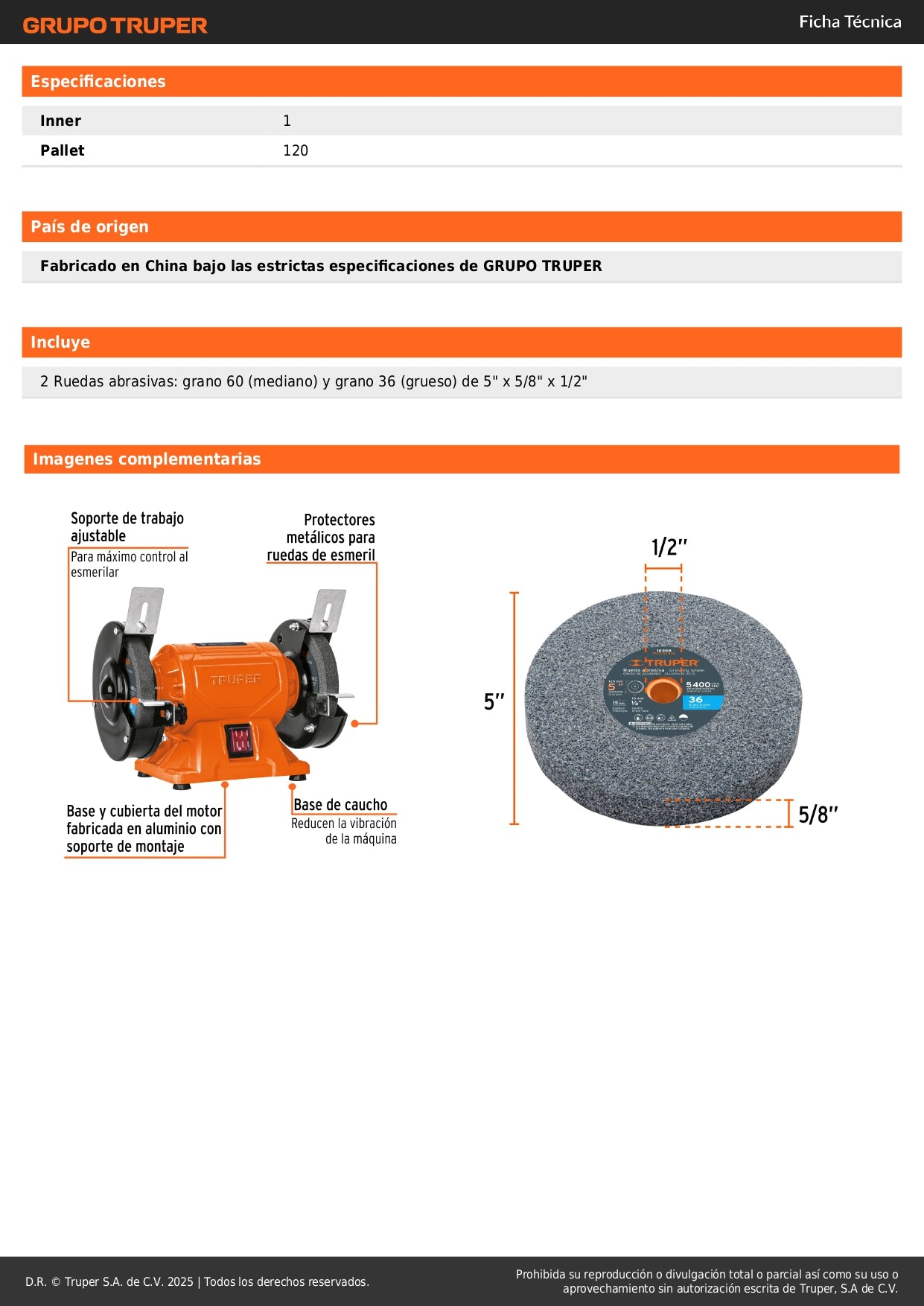 Esmeril de Banco 5 Pulgadas 1/4 HP Truper EBA-5 - Motor Inducción Cobre - Solución Profesional para Afilado y Desbaste de Herramientas