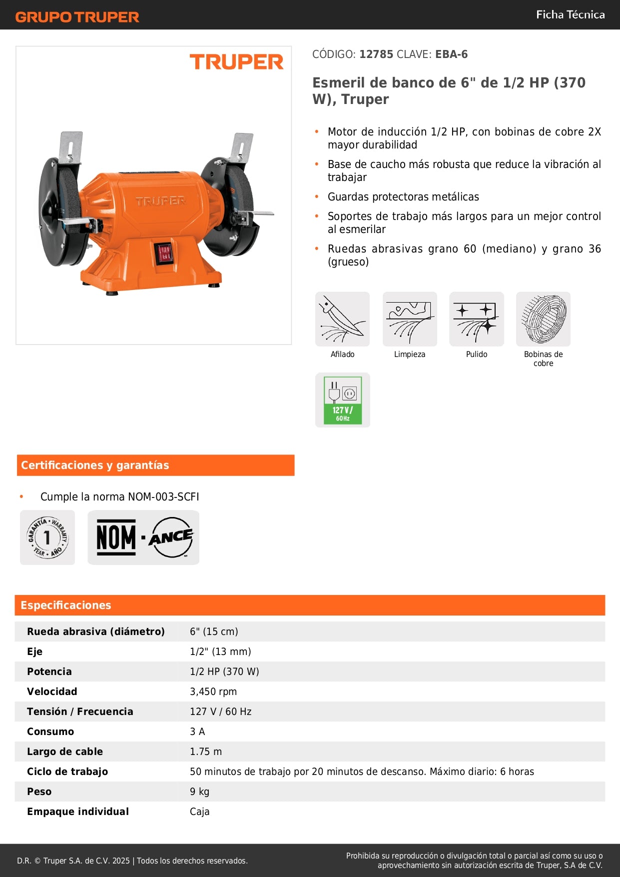 Esmeril de Banco 6 Pulgadas Truper EBA-6 - Motor 1/2 HP 370W - Reduce Vibración - Ideal para Afilado y Desbaste Profesional