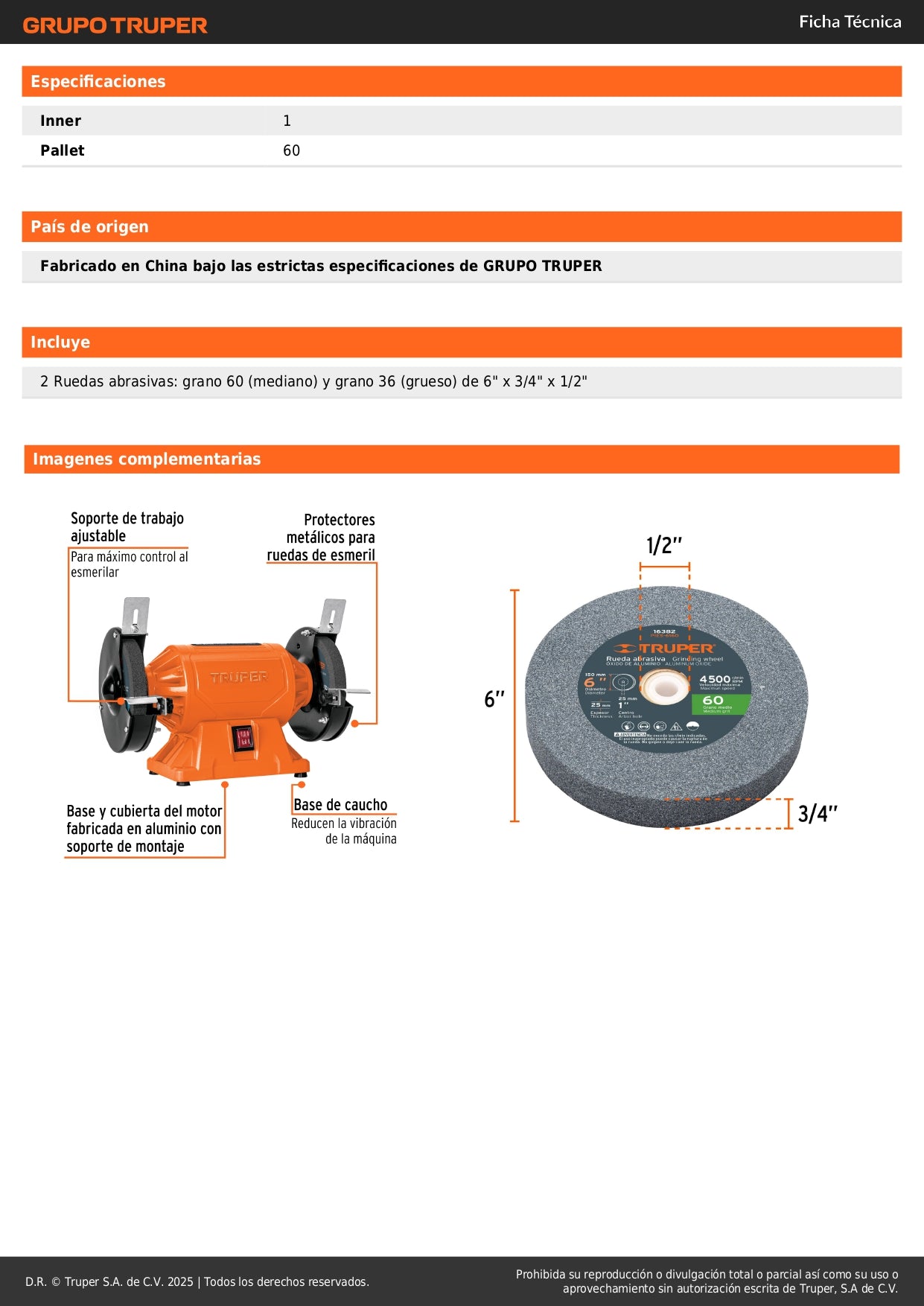 Esmeril de Banco 6 Pulgadas Truper EBA-6 - Motor 1/2 HP 370W - Reduce Vibración - Ideal para Afilado y Desbaste Profesional