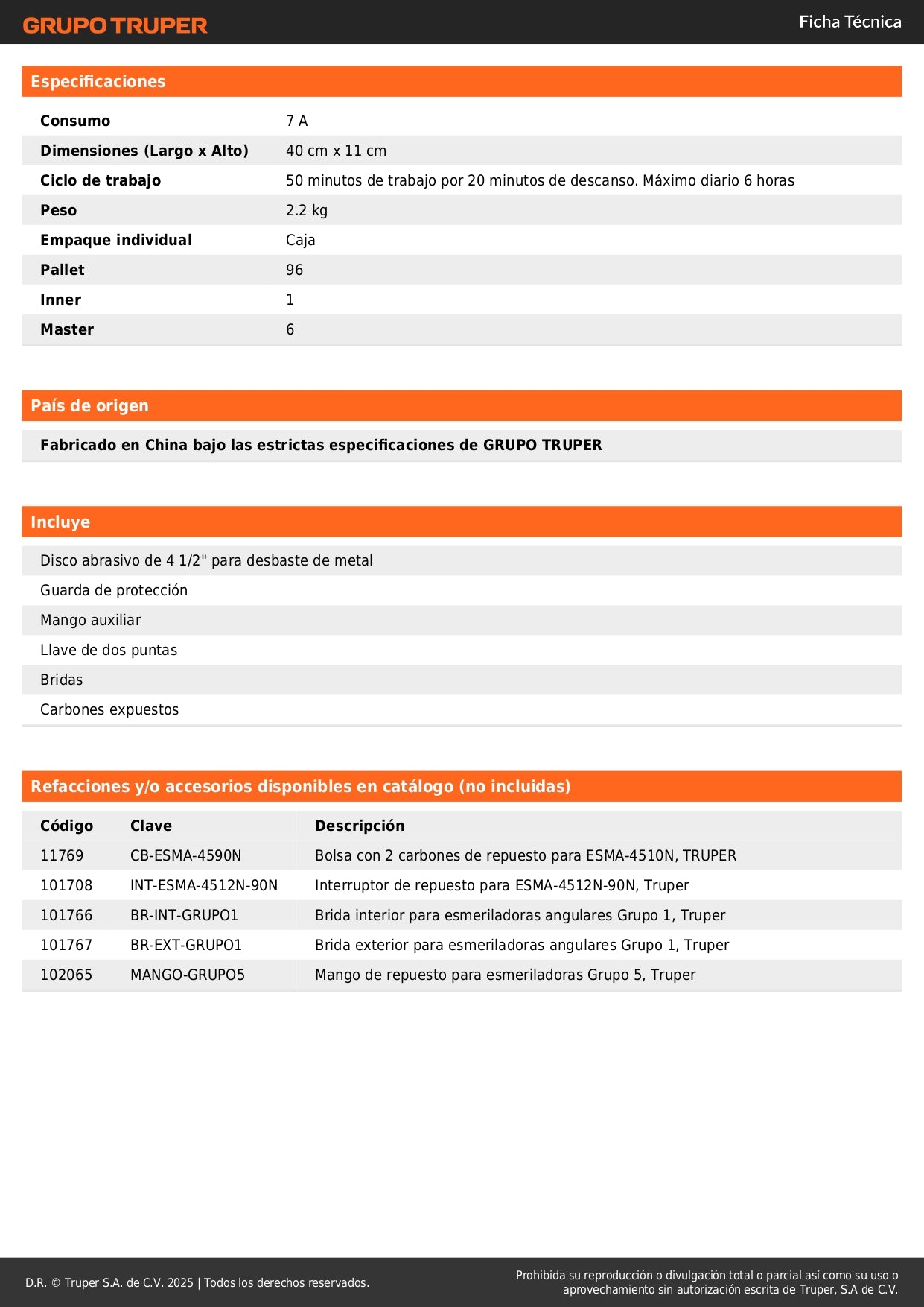 Esmeriladora Angular TRUPER INDUSTRIAL 4-1/2 Pulgadas 950W ESMA-4590N - Corte y Desbaste Profesional de Acero, Ladrillo, Azulejo y Piedra con Motor de Alta Durabilidad