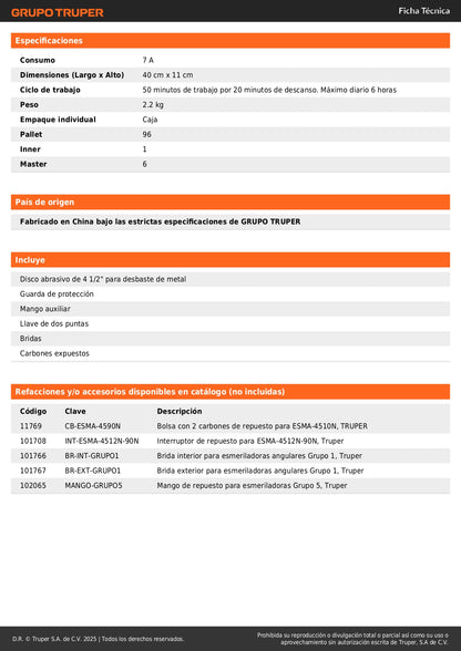 Esmeriladora Angular TRUPER INDUSTRIAL 4-1/2 Pulgadas 950W ESMA-4590N - Corte y Desbaste Profesional de Acero, Ladrillo, Azulejo y Piedra con Motor de Alta Durabilidad