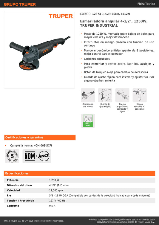 "Esmeriladora Angular TRUPER INDUSTRIAL 4-1/2" 1250W ESMA-4512N - Corta y Esmerila Acero, Ladrillo, Azulejo y Piedra con Motor de Alta Potencia y Mango Ergonómico Antiderrapante"
