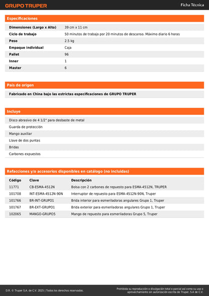 "Esmeriladora Angular TRUPER INDUSTRIAL 4-1/2" 1250W ESMA-4512N - Corta y Esmerila Acero, Ladrillo, Azulejo y Piedra con Motor de Alta Potencia y Mango Ergonómico Antiderrapante"
