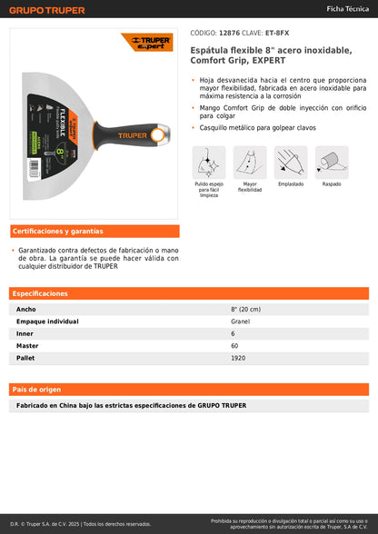 Espátula Flexible 8 Pulgadas ET-8FX EXPERT - Acero Inoxidable Anticorrosión para Acabados Perfectos en Construcción y Remodelación