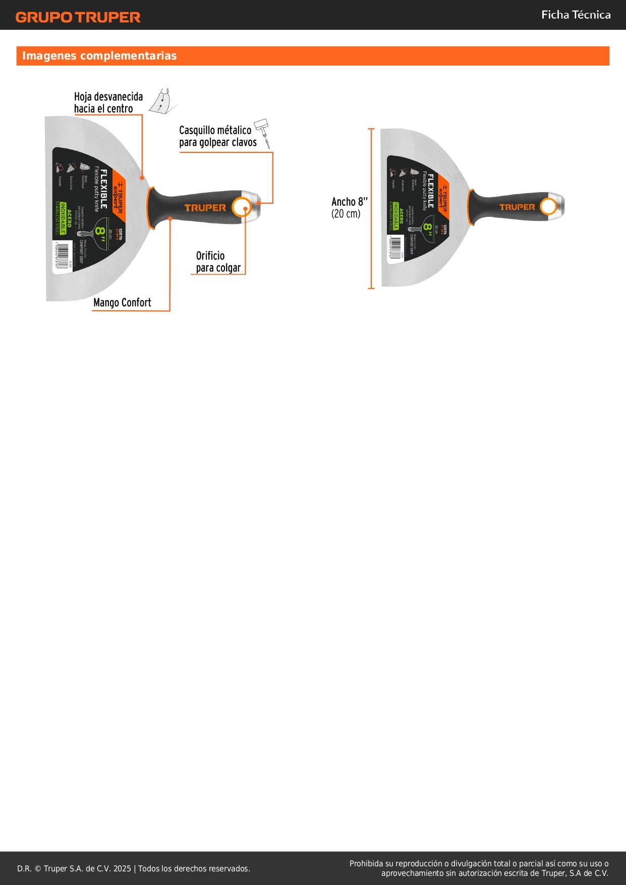 Espátula Flexible 8 Pulgadas ET-8FX EXPERT - Acero Inoxidable Anticorrosión para Acabados Perfectos en Construcción y Remodelación