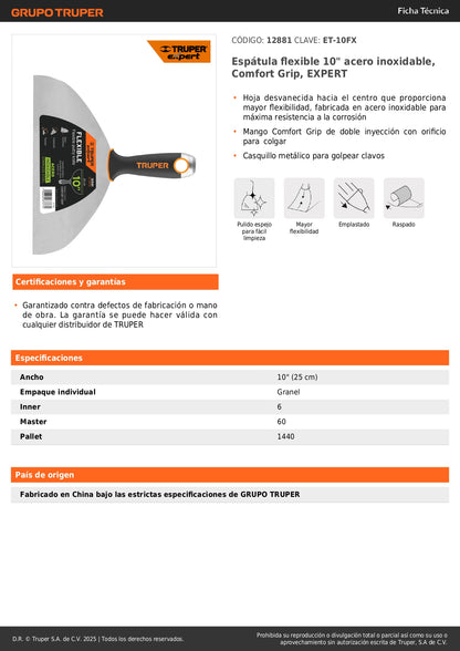 Espátula Flexible 10 Pulgadas Acero Inoxidable ET-10FX EXPERT - Comfort Grip Anticorrosión para Trabajos de Precisión