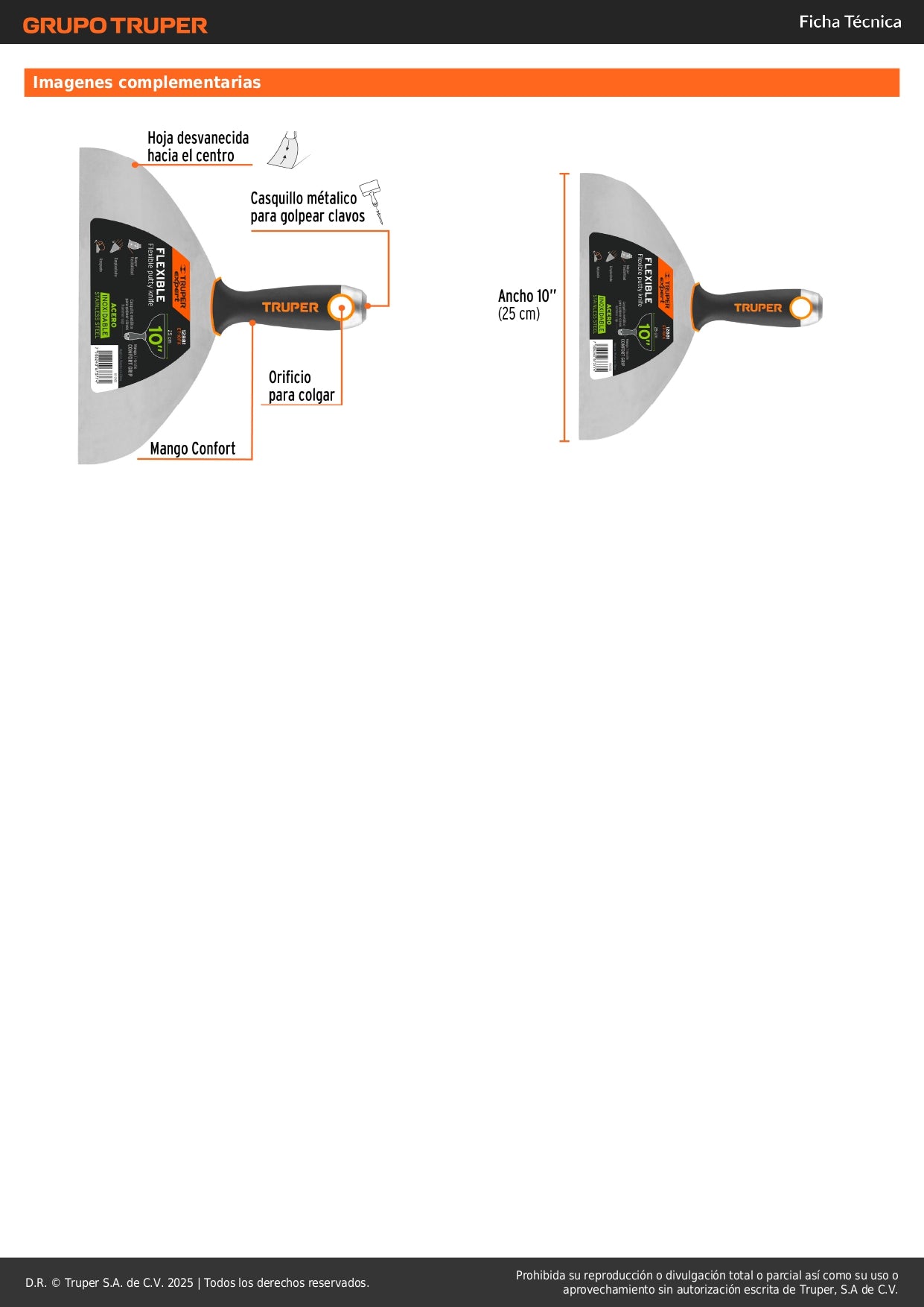 Espátula Flexible 10 Pulgadas Acero Inoxidable ET-10FX EXPERT - Comfort Grip Anticorrosión para Trabajos de Precisión