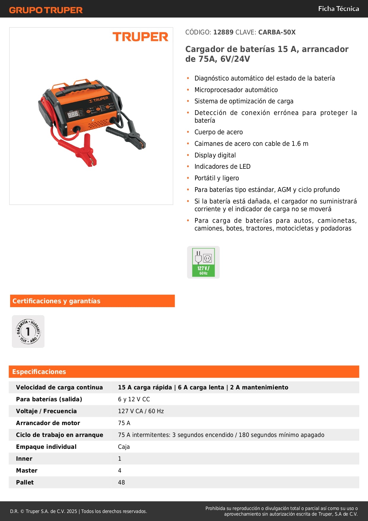 Cargador de Baterías Profesional CARBA-50X 15A Arrancador 75A - Diagnóstico Automático 6V/12V/24V para Auto Camión Motocicleta