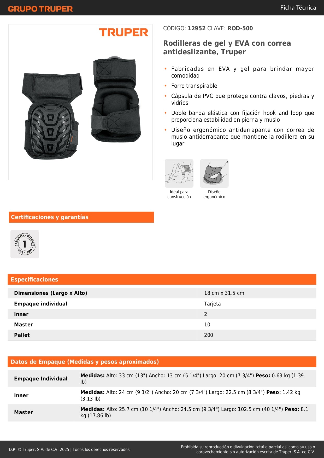 Rodilleras Profesionales Truper ROD-500 con Gel y EVA Antideslizantes - Protección Total contra Clavos, Piedras y Vidrios para Trabajo Pesado - Diseño Ergonómico con Correa de Muslo y Forro Transpirable