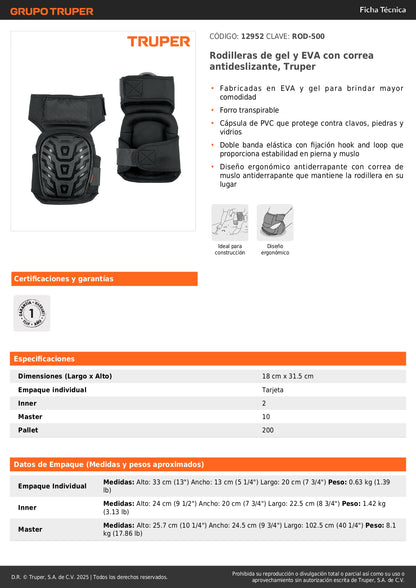 Rodilleras Profesionales Truper ROD-500 con Gel y EVA Antideslizantes - Protección Total contra Clavos, Piedras y Vidrios para Trabajo Pesado - Diseño Ergonómico con Correa de Muslo y Forro Transpirable