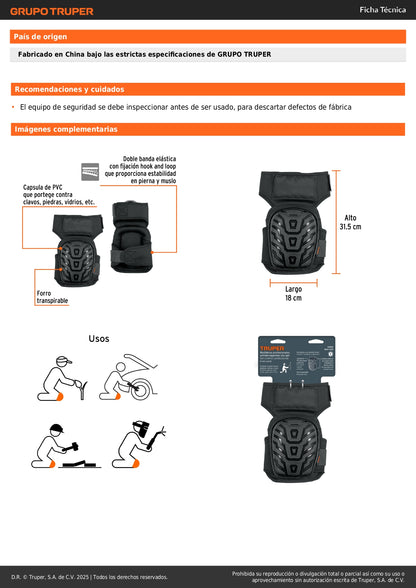 Rodilleras Profesionales Truper ROD-500 con Gel y EVA Antideslizantes - Protección Total contra Clavos, Piedras y Vidrios para Trabajo Pesado - Diseño Ergonómico con Correa de Muslo y Forro Transpirable