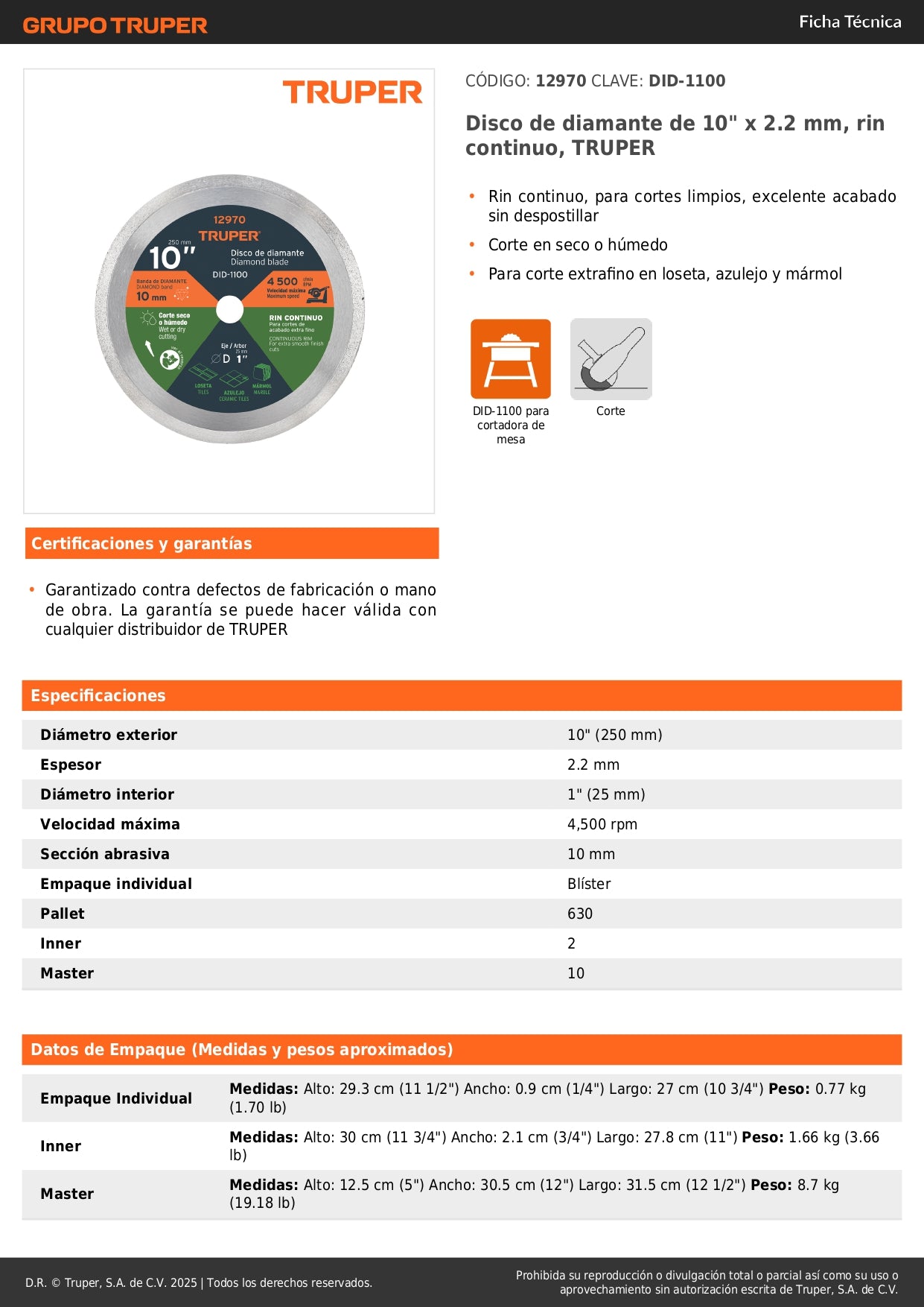 Disco de diamante de 10" x 2.2 mm, rin continuo, TRUPER