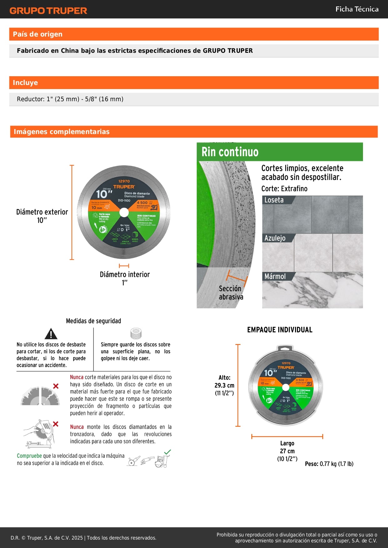 Disco de diamante de 10" x 2.2 mm, rin continuo, TRUPER