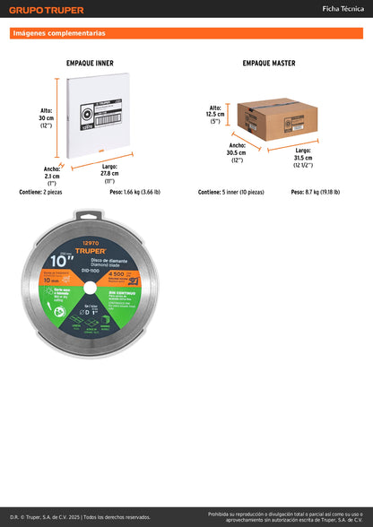 Disco de diamante de 10" x 2.2 mm, rin continuo, TRUPER