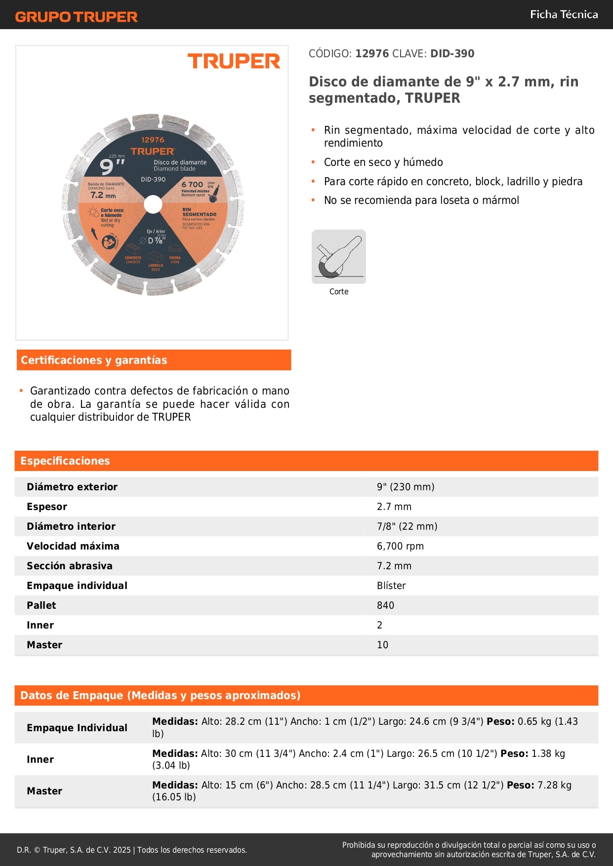 Disco de diamante de 9" x 2.7 mm, rin segmentado, TRUPER