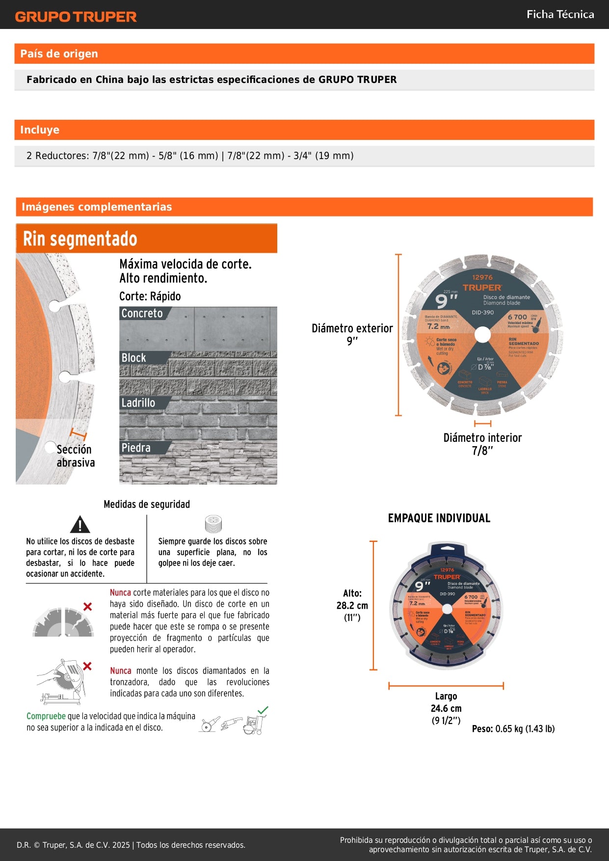 Disco de diamante de 9" x 2.7 mm, rin segmentado, TRUPER