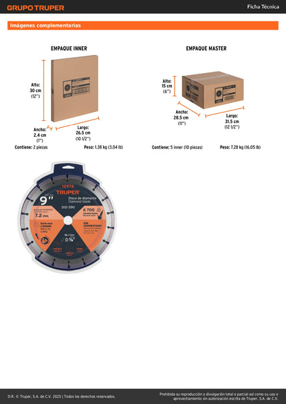 Disco de diamante de 9" x 2.7 mm, rin segmentado, TRUPER