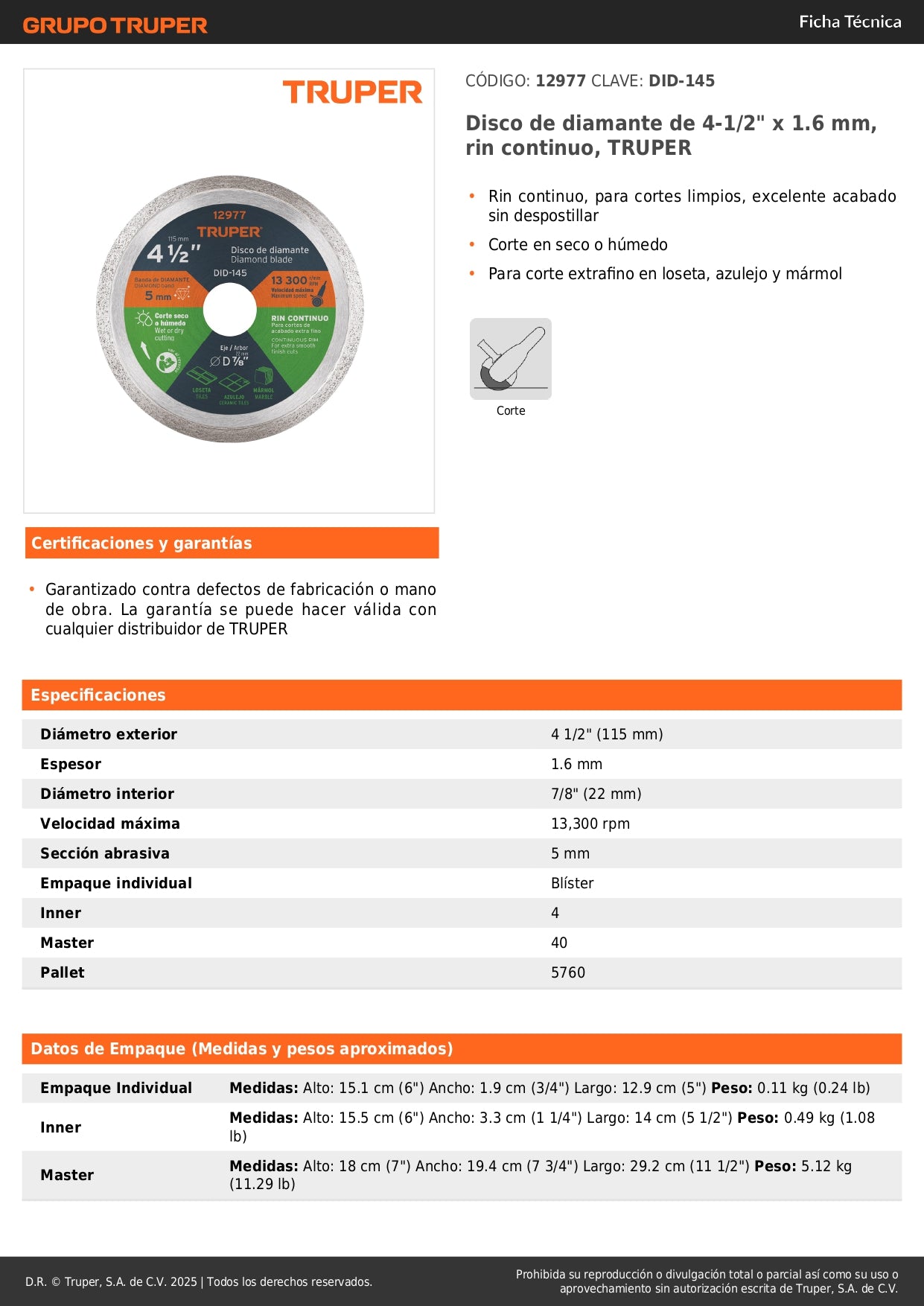 Disco de diamante de 4-1/2" x 1.6 mm, rin continuo, TRUPER