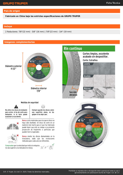 Disco de diamante de 4-1/2" x 1.6 mm, rin continuo, TRUPER
