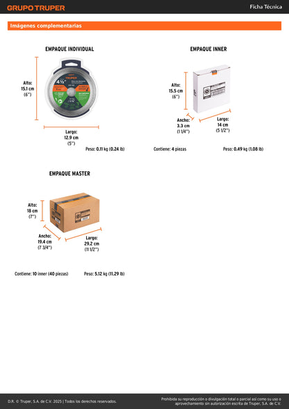 Disco de diamante de 4-1/2" x 1.6 mm, rin continuo, TRUPER