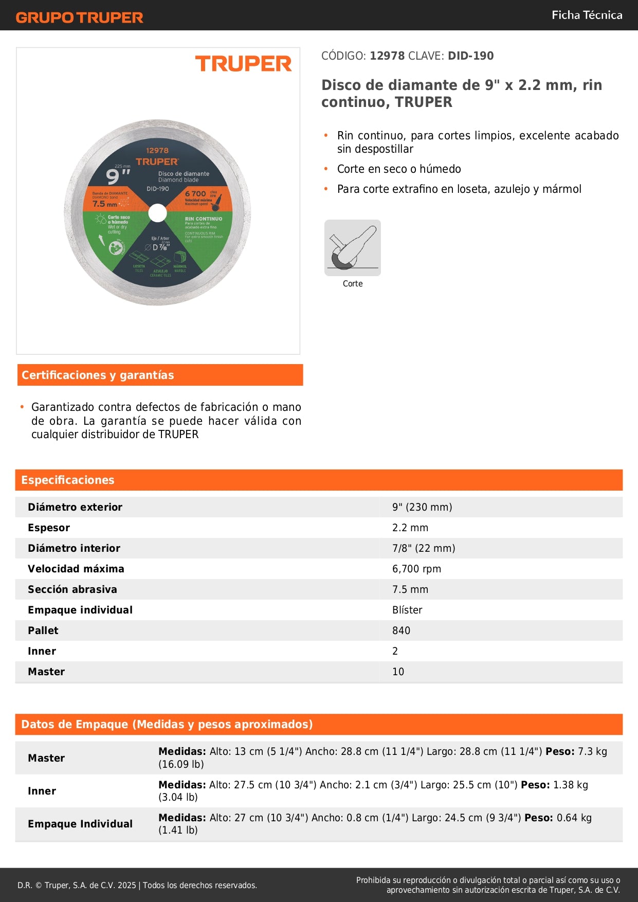 Disco de diamante de 9" x 2.2 mm, rin continuo, TRUPER