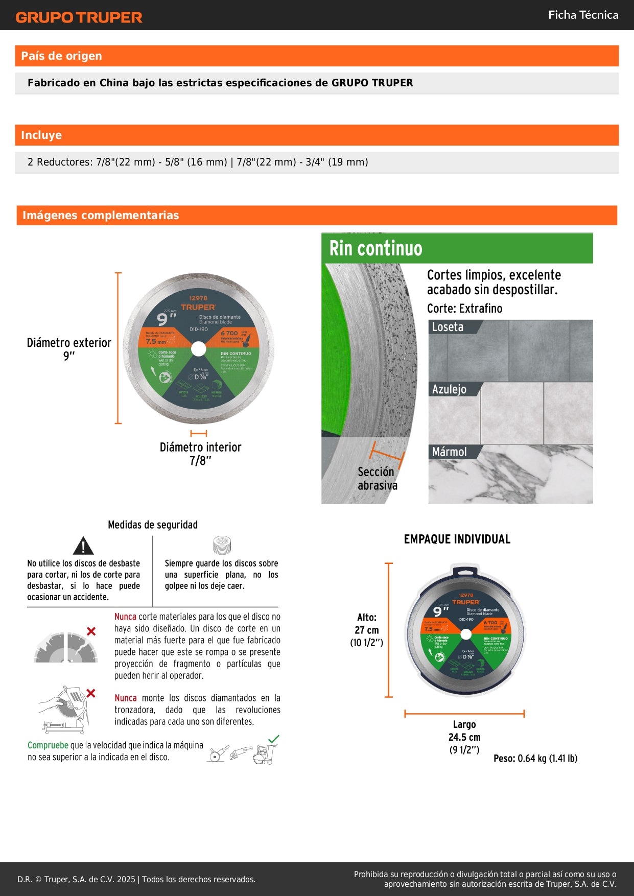 Disco de diamante de 9" x 2.2 mm, rin continuo, TRUPER