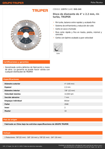 Disco de diamante de 4" x 2.2 mm, rin turbo, TRUPER