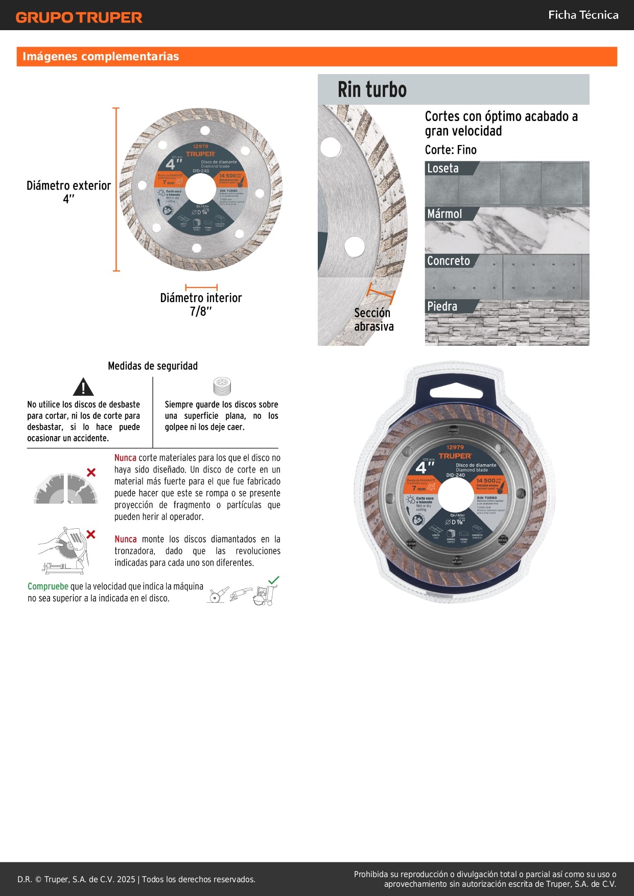 Disco de diamante de 4" x 2.2 mm, rin turbo, TRUPER