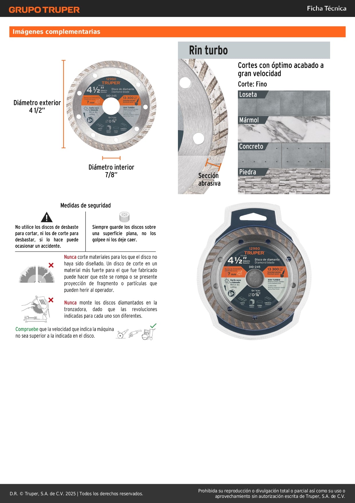 Disco de diamante de 4-1/2" x 2.2 mm, rin turbo, TRUPER