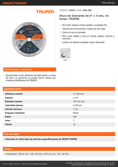 Disco de diamante de 9" x 3 mm, rin turbo, TRUPER