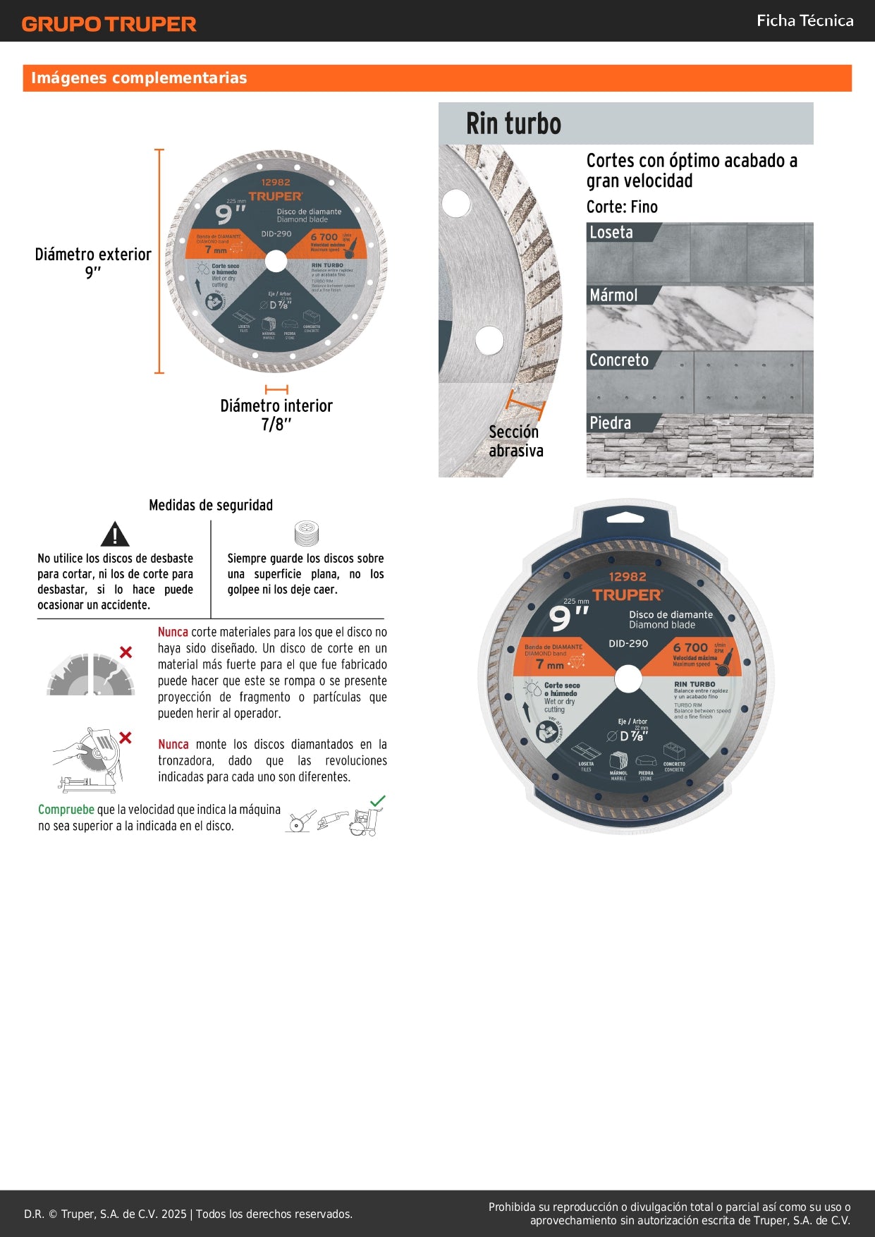 Disco de diamante de 9" x 3 mm, rin turbo, TRUPER