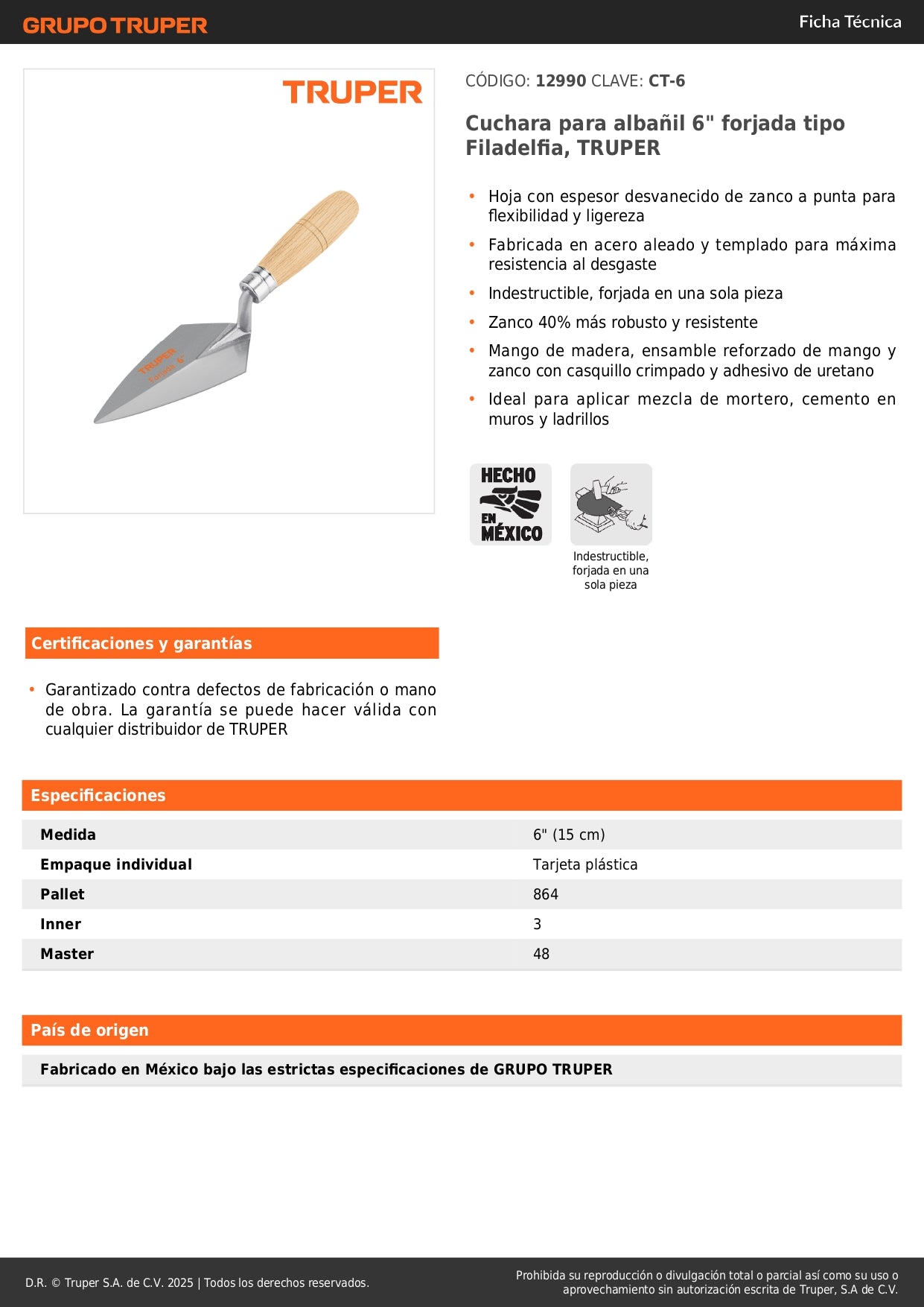 Cuchara Albañil 6 Pulgadas TRUPER CT-6 Forjada Filadelfia - Aplicación Mortero Cemento Muros Ladrillos - Acero Templado Resistente Desgaste