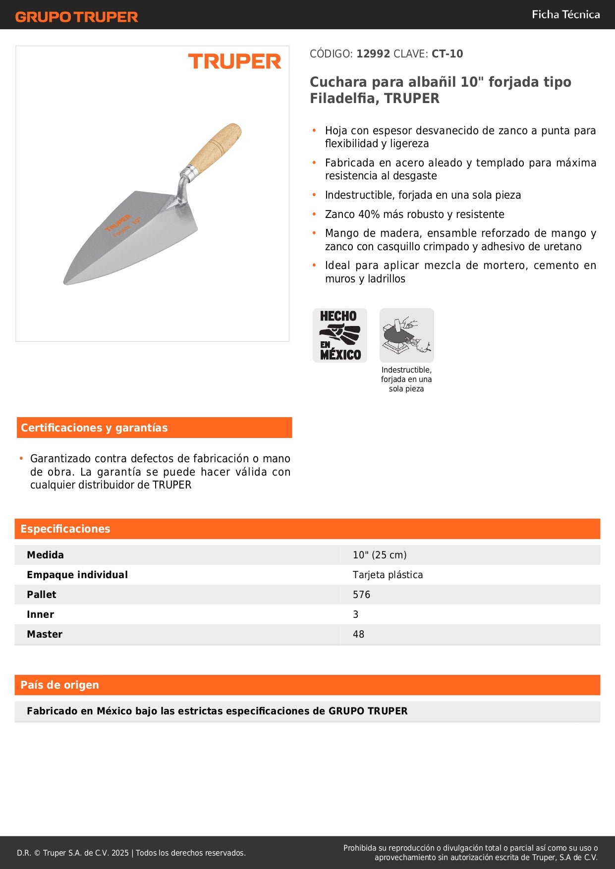 Cuchara de Albañil 10" Forjada TRUPER CT-10 - Acero Templado Resistente para Aplicación Profesional de Mortero y Cemento en Construcción
