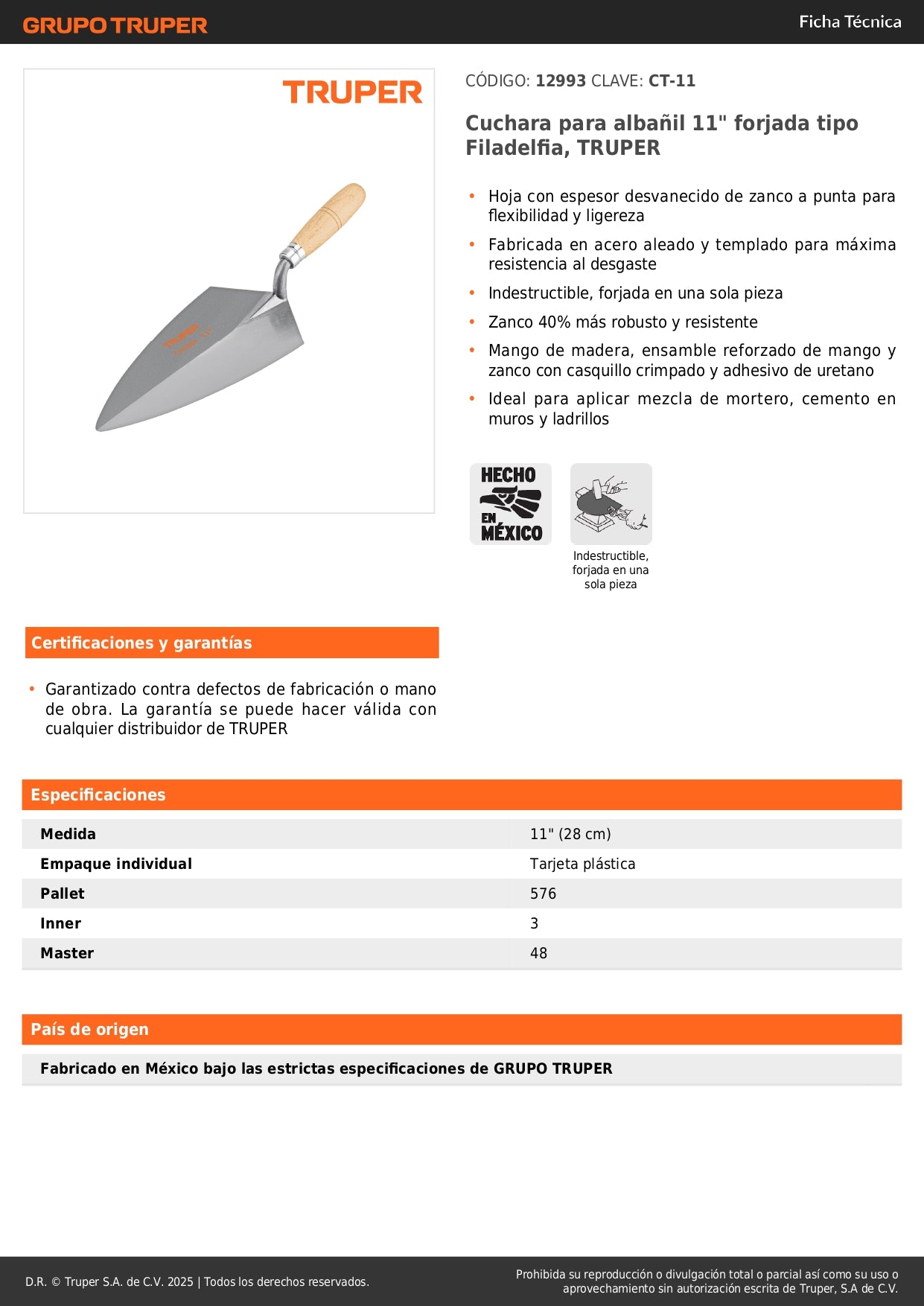 Cuchara de Albañil 11" Forjada TRUPER CT-11 - Acero Templado para Aplicación Profesional de Mortero y Cemento - Mango Reforzado Resistente al Desgaste