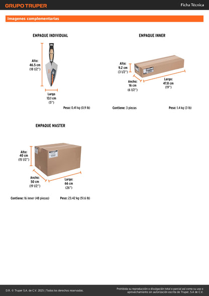 Cuchara de Albañil 11" Forjada TRUPER CT-11 - Acero Templado para Aplicación Profesional de Mortero y Cemento - Mango Reforzado Resistente al Desgaste