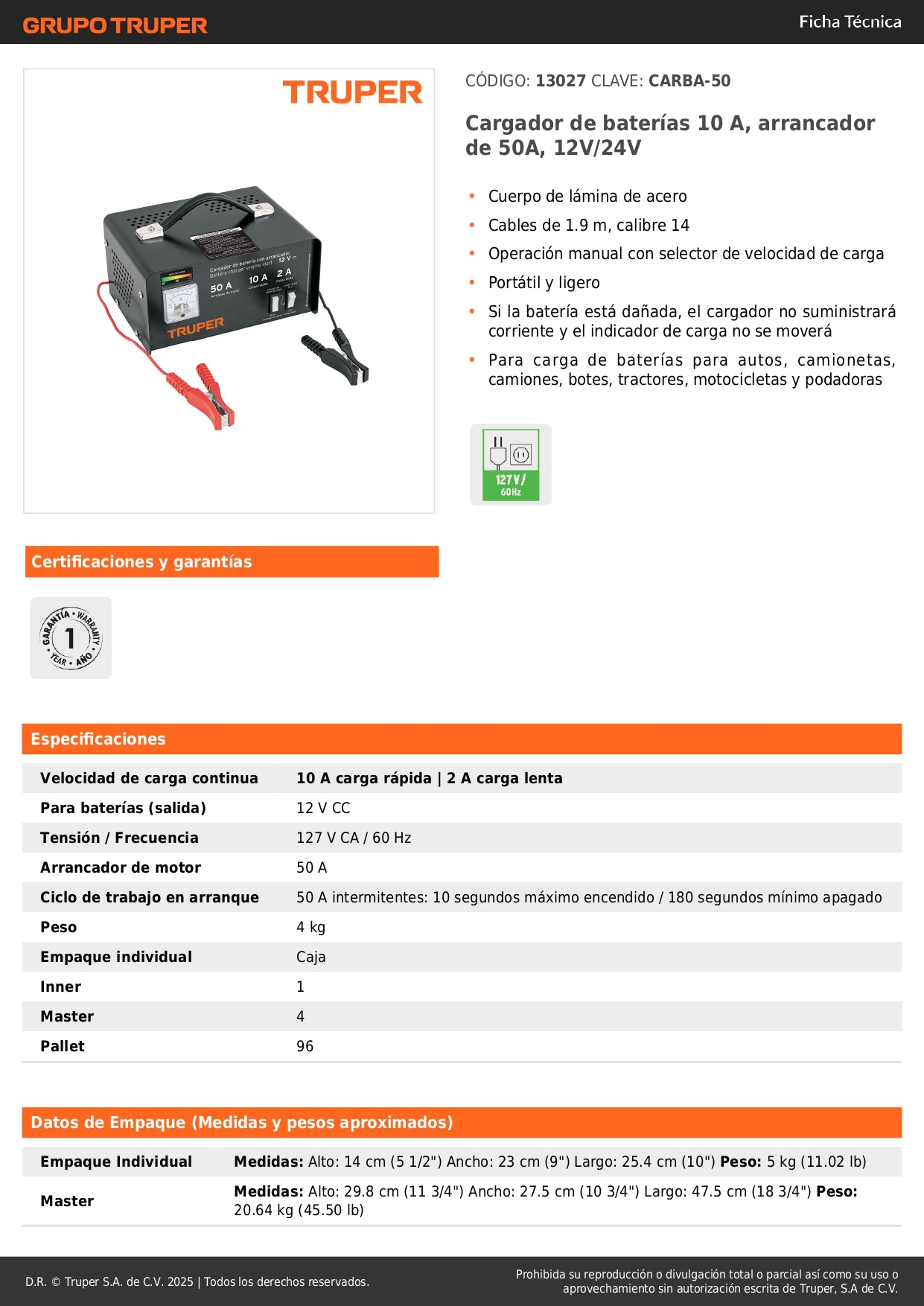 Cargador Arrancador Baterías CARBA-50 10A/50A 12V-24V - Solución Completa para Autos, Camiones, Tractores y Motocicletas