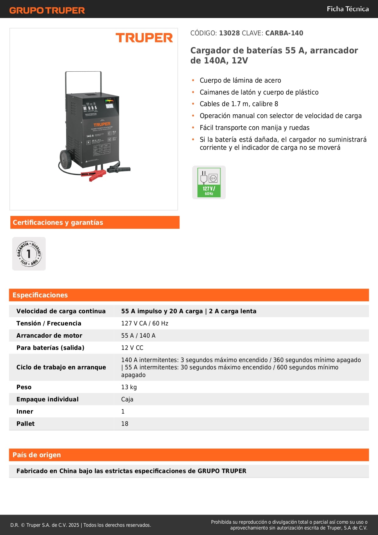 Cargador de Baterías Profesional 55A Arrancador 140A 12V - Solución Completa para Baterías Descargadas y Arranque de Emergencia - CARBA-140