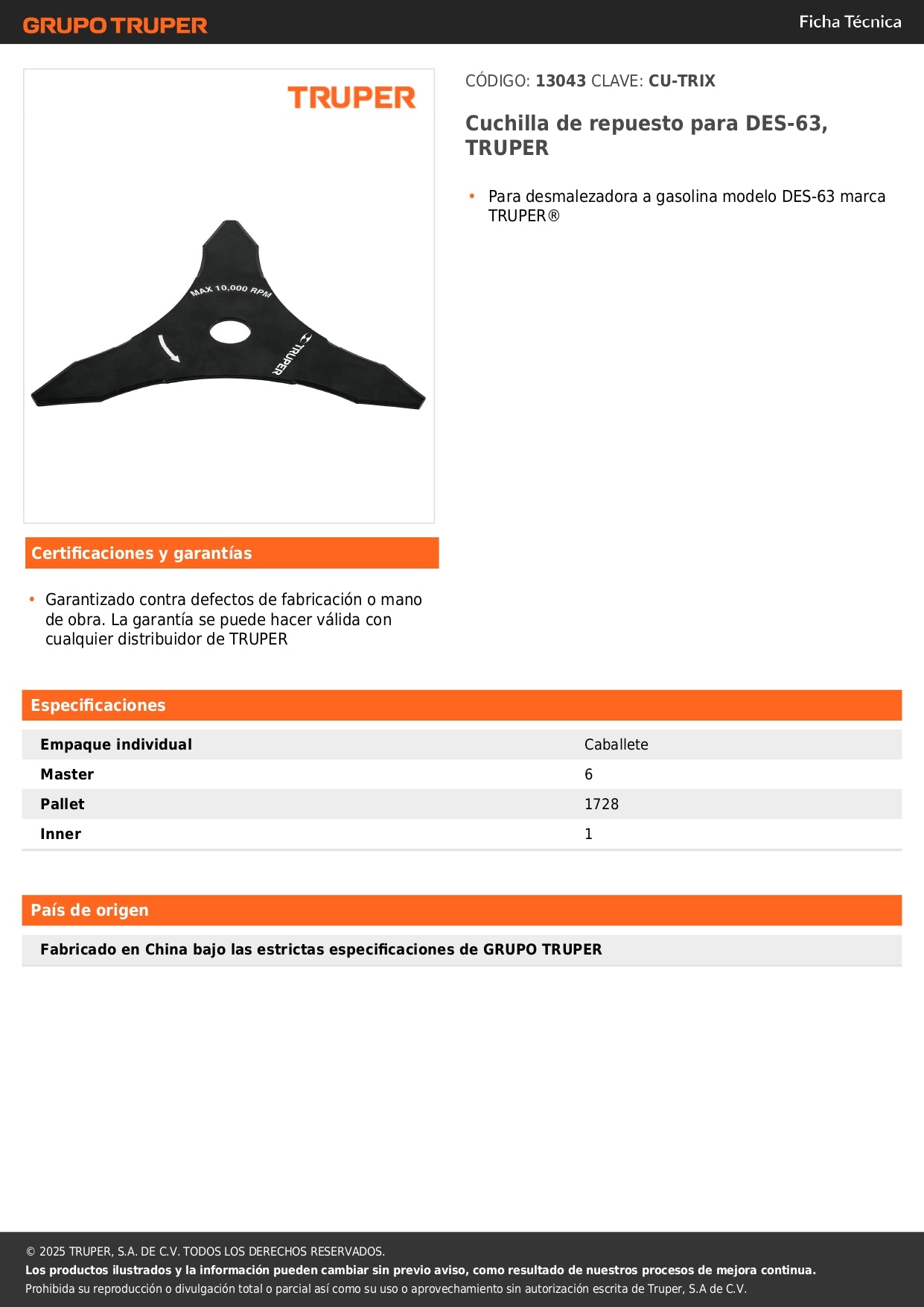 Cuchilla de repuesto para DES-63, TRUPER