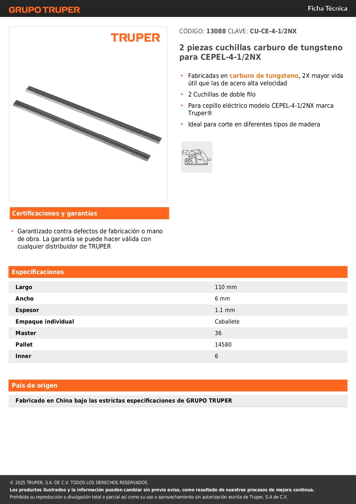 2 piezas cuchillas carburo de tungsteno para CEPEL-4-1/2NX