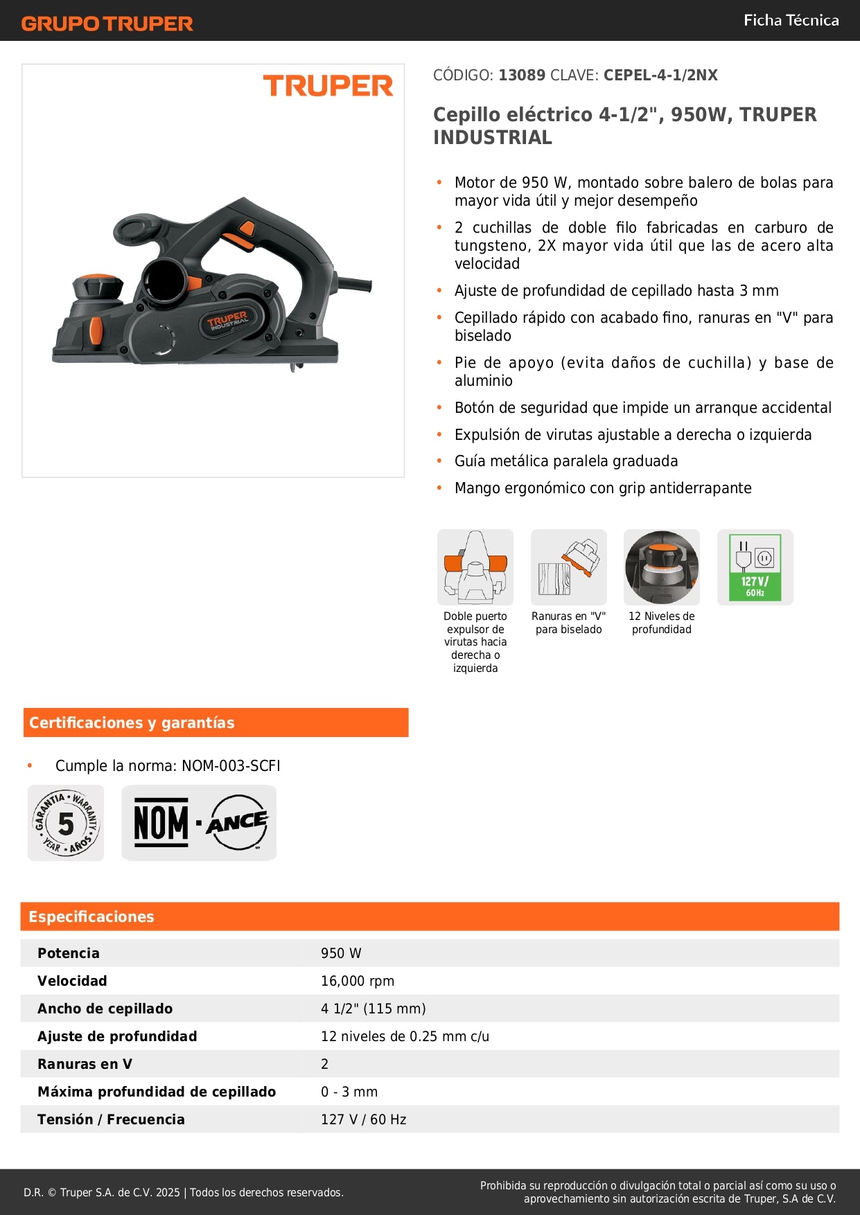 Cepillo Eléctrico TRUPER 4-1/2" 950W Industrial CEPEL-4-1/2NX - Cepillado Profesional de Madera con Cuchillas de Carburo de Tungsteno para Carpintería y Acabados Finos