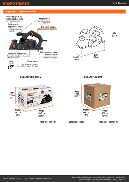 Cepillo Eléctrico TRUPER 4-1/2" 950W Industrial CEPEL-4-1/2NX - Cepillado Profesional de Madera con Cuchillas de Carburo de Tungsteno para Carpintería y Acabados Finos