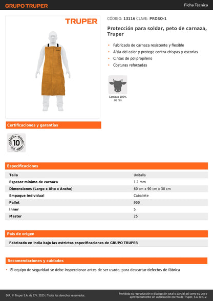 Peto de Carnaza para Soldar Truper PROSO-1 - Protección Profesional Contra Chispas y Calor - Mandil de Soldadura Resistente con Costuras Reforzadas