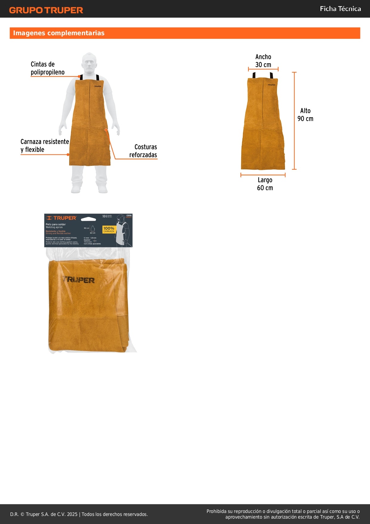 Peto de Carnaza para Soldar Truper PROSO-1 - Protección Profesional Contra Chispas y Calor - Mandil de Soldadura Resistente con Costuras Reforzadas